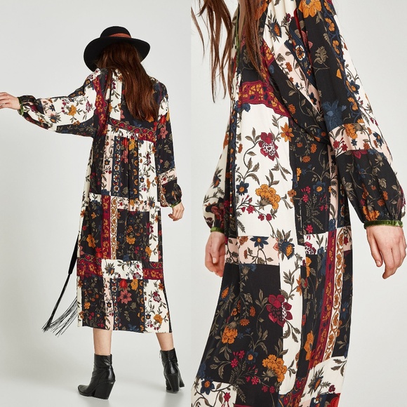 Robe Midi Zara Femme - Imprimé Floral Patchwork - Taille M - Neuve Avec étiquettes